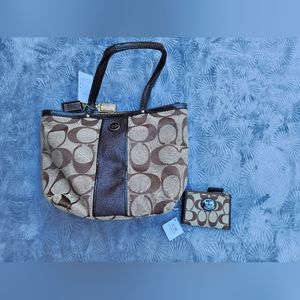 BRAND NEW Coach SET OF 2 Signature Mahogany Canvas Tote Bag F21950 & Coin Purse